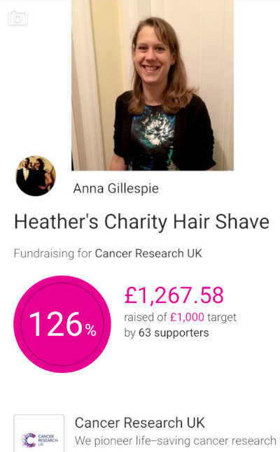 Heather's charity hair shave fundraiser for Cancer Research