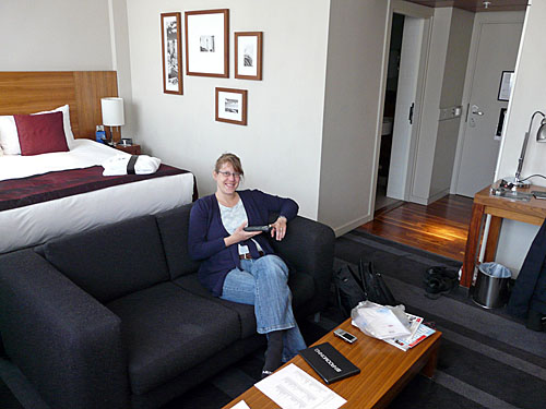 Heather in our deluxe hotel room